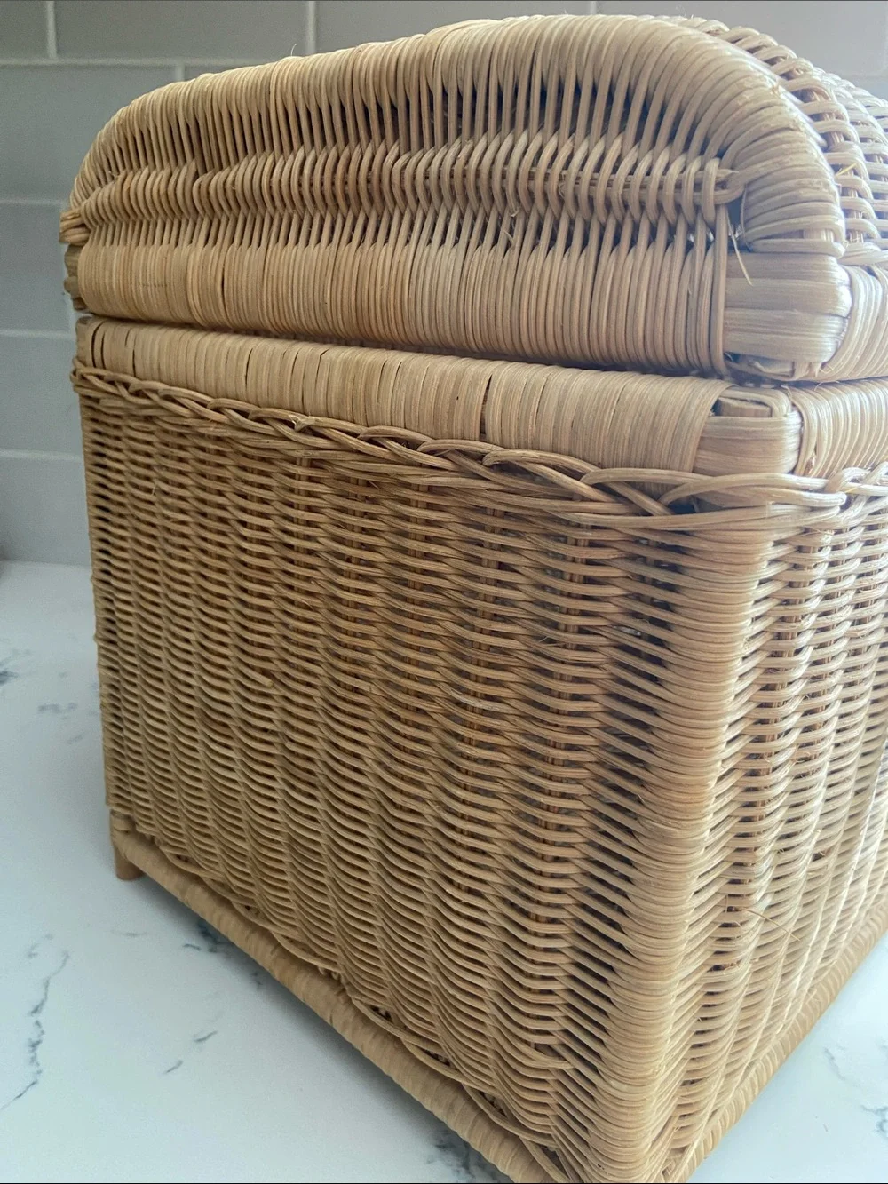 Vintage Wicker Storage Basket w Handle Boho Rattan Sewing Craft Chest